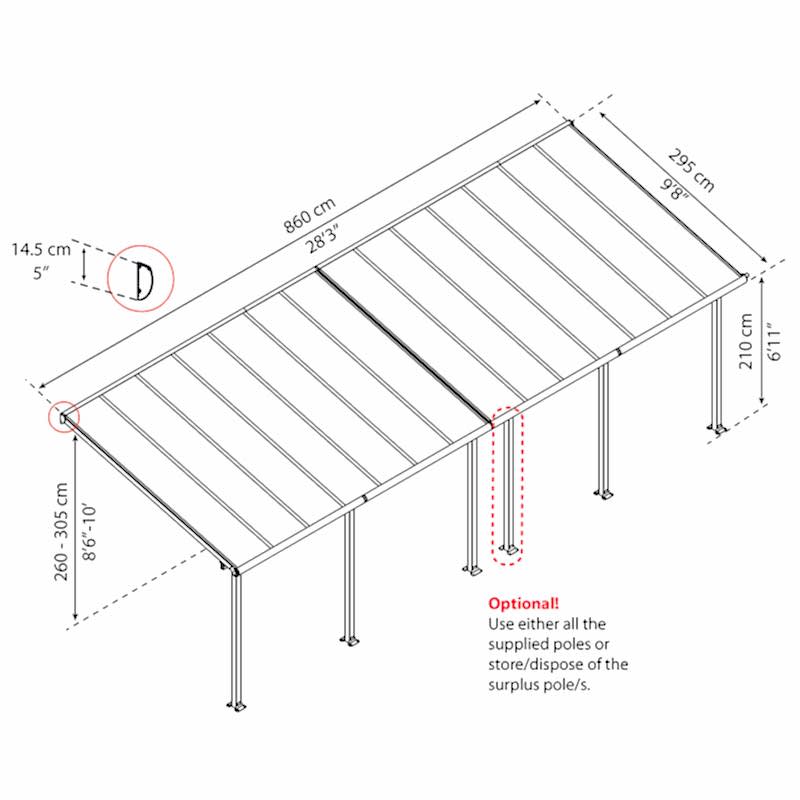 10' x 28' Palram Canopia Olympia Grey Patio Cover with Clear Panels (2.95m x 8.60m) Technical Drawing