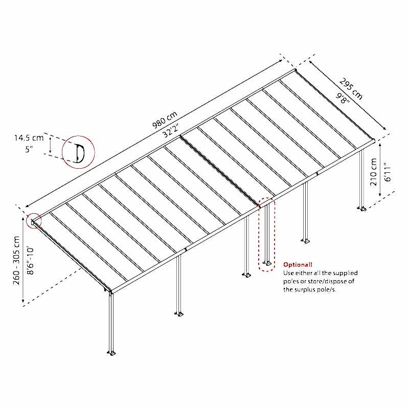 10' x 32' Palram Canopia Olympia Grey Patio Cover with Clear Panels (2.95m x 9.80m) Technical Drawing