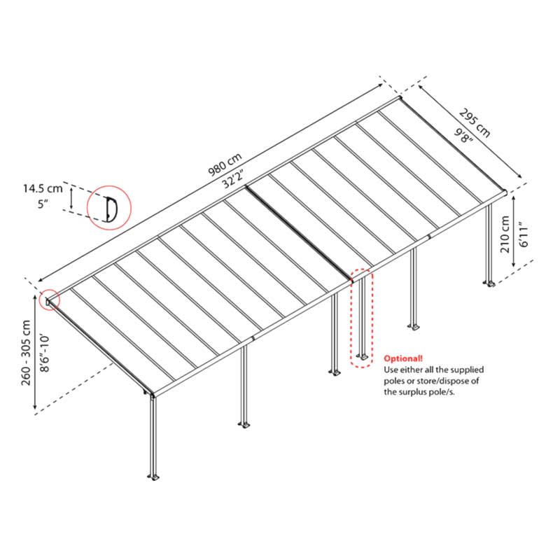 10' x 32' Palram Canopia Olympia White Patio Cover with Clear Panels (2.95m x 9.80m) Technical Drawing