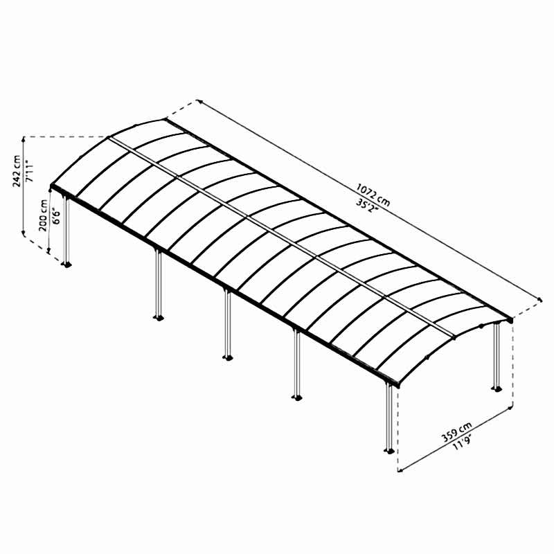 12' x 35' Palram Canopia Arcadia 10600 Grey Metal Carport (3.59m x 10.72m) Technical Drawing