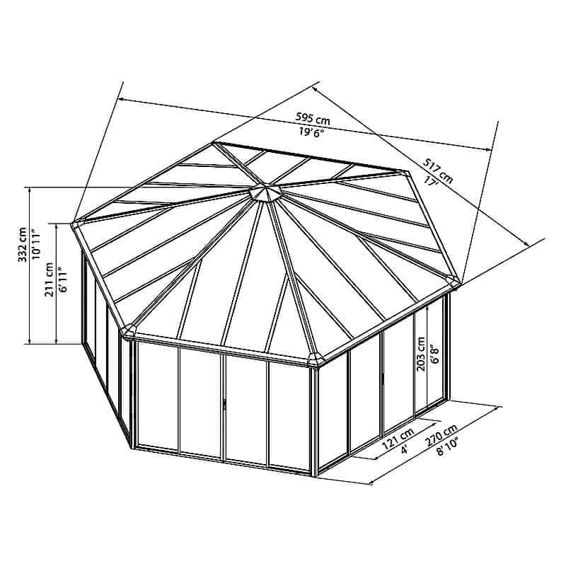 20x17 Palram Canopia Garda Enclosed Grey Gazebo Technical Drawing
