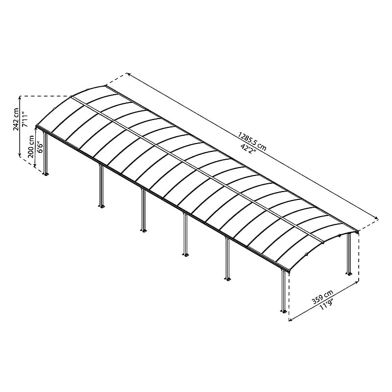 12' x 42' Palram Canopia Arcadia 12700 Grey Metal Carport (3.59m x 12.86m) Technical Drawing