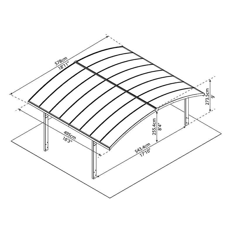 16' x 19' Palram Canopia Arizona Breeze Grey Metal Double Carport (4.95m x 5.78m) Technical Drawing