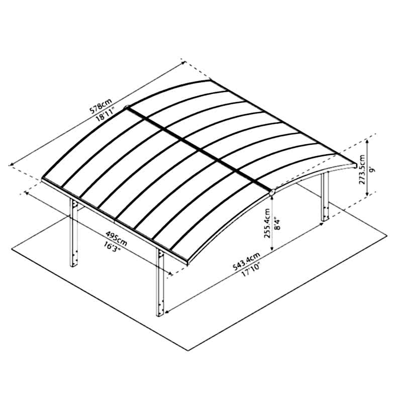 16' x 19' Palram Canopia Arizona Wave Grey Metal Double Carport (4.95m x 5.78m) Technical Drawing