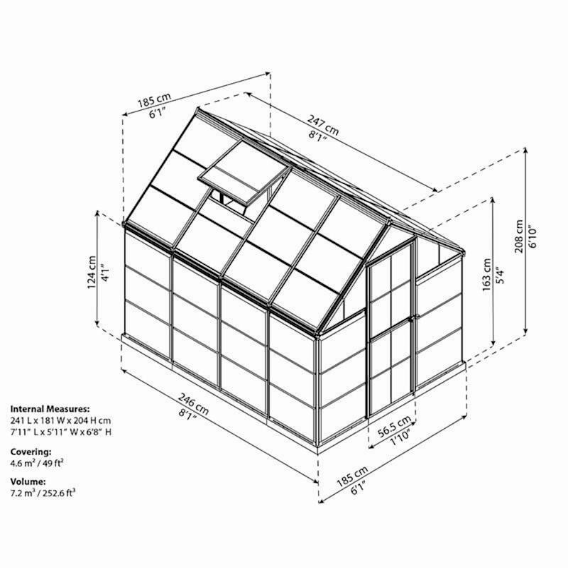 6’ x 8’ Palram Canopia Harmony Walk In Grey Polycarbonate Greenhouse (1.85m x 2.47m) Technical Drawing