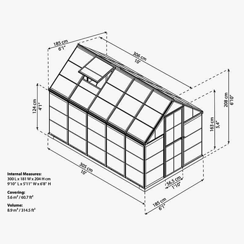 6’ x 10’ Palram Canopia Harmony Walk In Grey Polycarbonate Greenhouse (1.85m x 3.06m) Technical Drawing