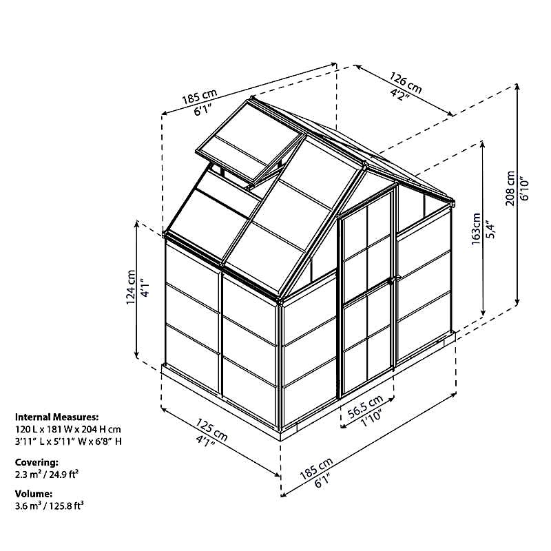 6’ x 4’ Palram Canopia Harmony Grey Polycarbonate Greenhouse (1.85m x 1.26m) Technical Drawing