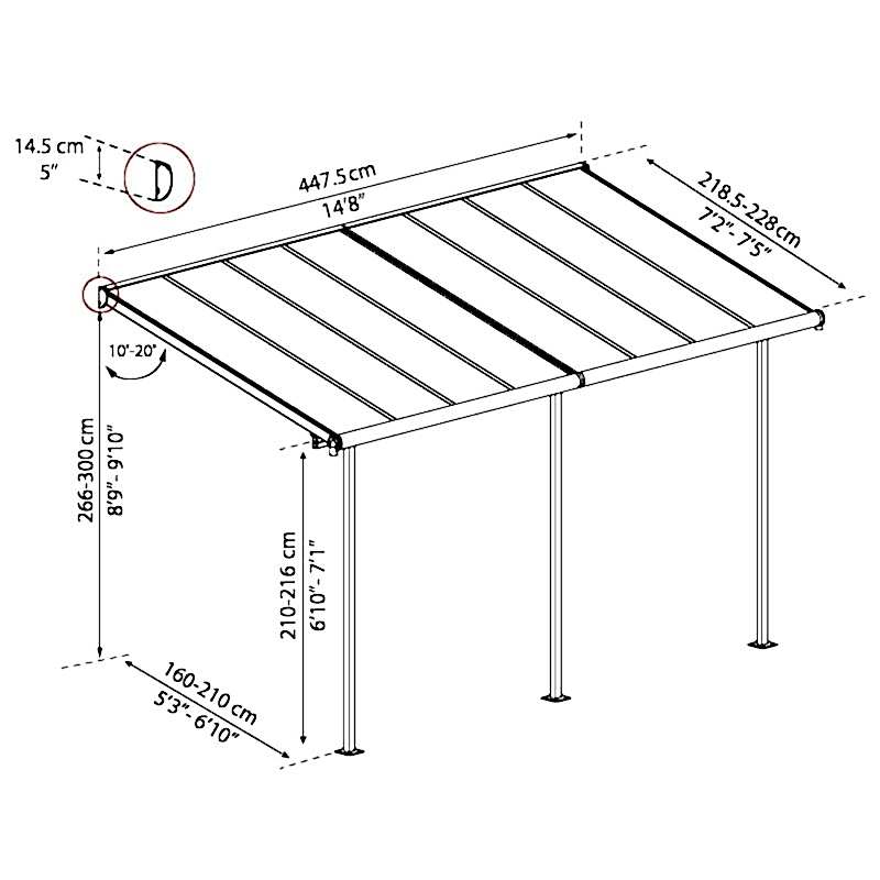 7' x 15' Palram Canopia Sierra Grey Clear Patio Cover (2.28m x 4.48m) Technical Drawing