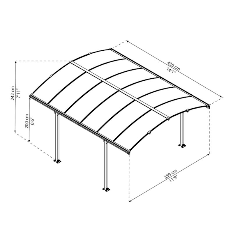 12' x 15' Palram Canopia Arcadia 4300 Grey Metal Carport (3.59m x 4.3m) Technical Drawing