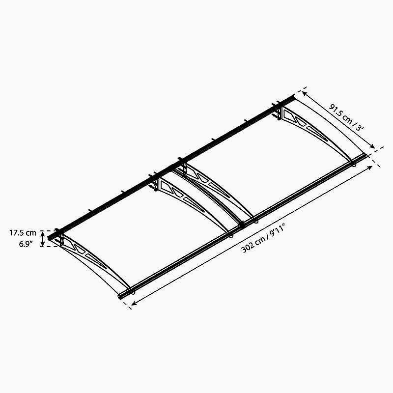 10' x 3' Palram Canopia Altair 3000 Grey Door Canopy (3.02m x 0.92m) Technical Drawing
