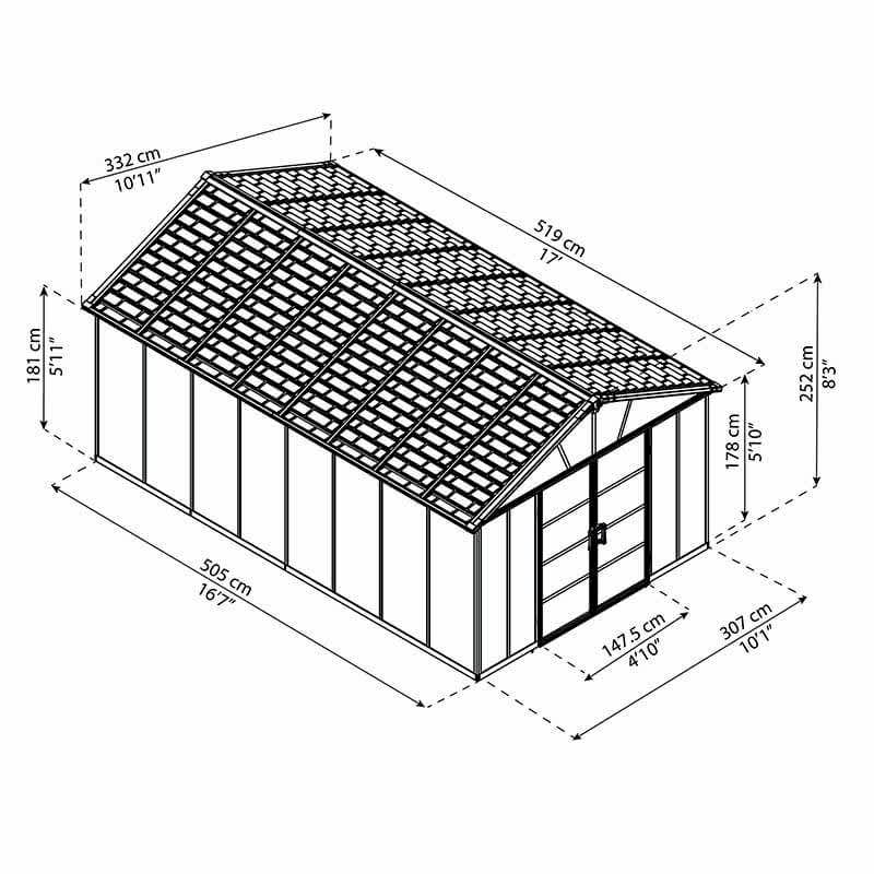 11' x 17.2' Palram Canopia Yukon Premium Dark Grey Plastic Shed (3.32m x 5.19m) Technical Drawing