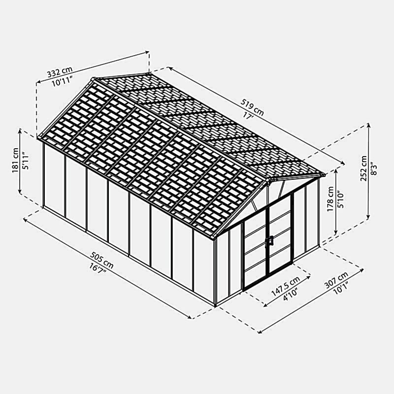 11' x 17.2' Palram Canopia Yukon Premium Dark Grey Plastic Shed with WPC Floor (3.32m x 5.19m) Technical Drawing