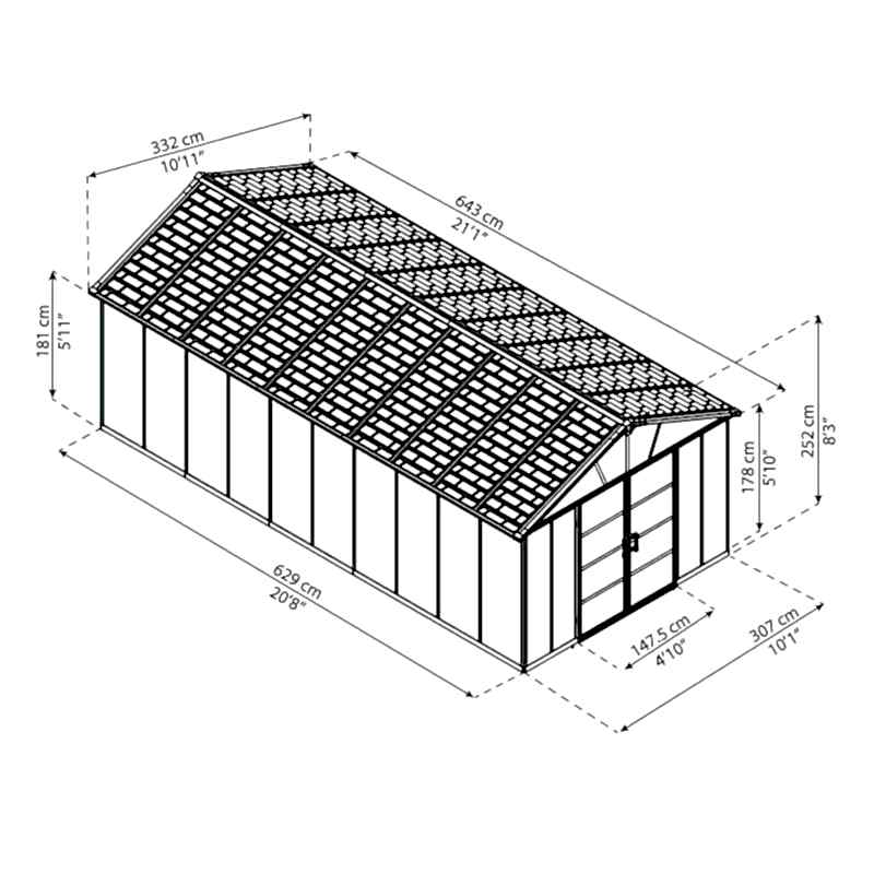 11' x 21.3' Palram Canopia Yukon Premium Dark Grey Plastic Shed with WPC Floor (3.32m x 6.43m) Technical Drawing