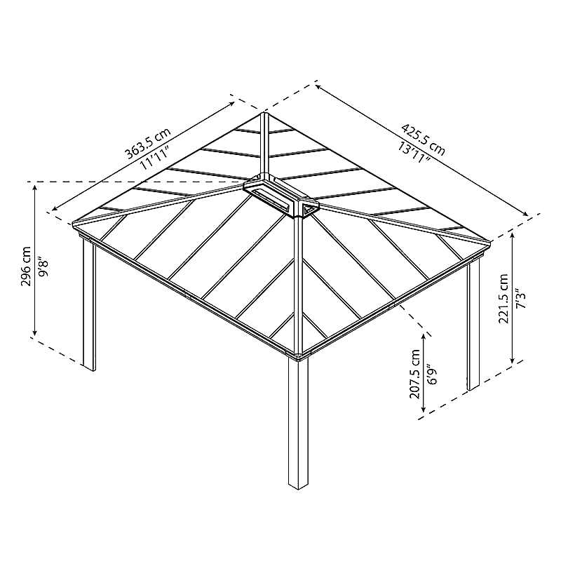 14' x 12' Palram Canopia Dallas 4300 Grey Garden Gazebo (4.26m x 3.64m) Technical Drawing