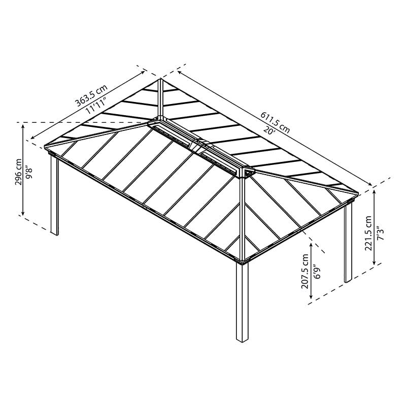 20' x 12' Palram Canopia Dallas 6100 Grey Garden Gazebo (6.12m x 3.64m) Technical Drawing