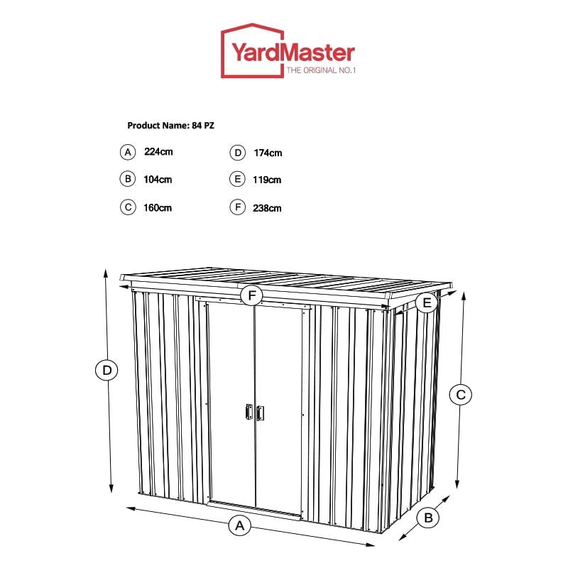 8' x 4' Yardmaster Pent Metal Shed (2.38m x 1.19m) Technical Drawing