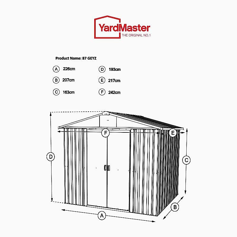 8' x 7' Yardmaster Green Metal Shed (2.42m x 2.17m) Technical Drawing
