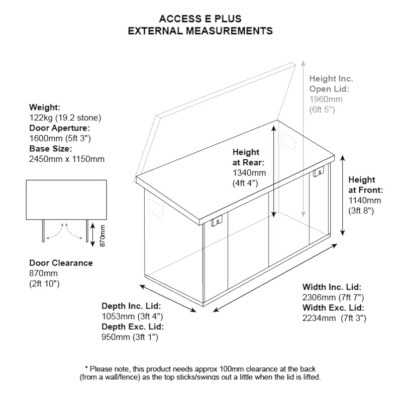 7'7 x 3'4 Asgard Access Premium Electric Bike Shed (2.3m x 1.05m) Technical Drawing
