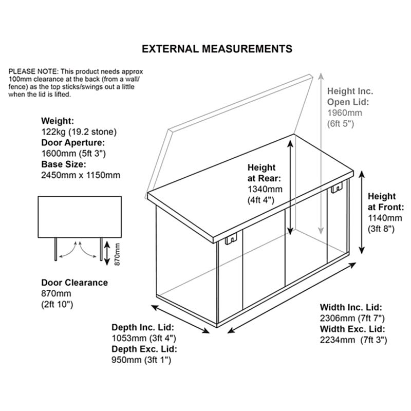 7'5 x 3'4 Asgard Access Plus Metal Bike Shed - 4 Bikes (2.3m x 1m) Technical Drawing