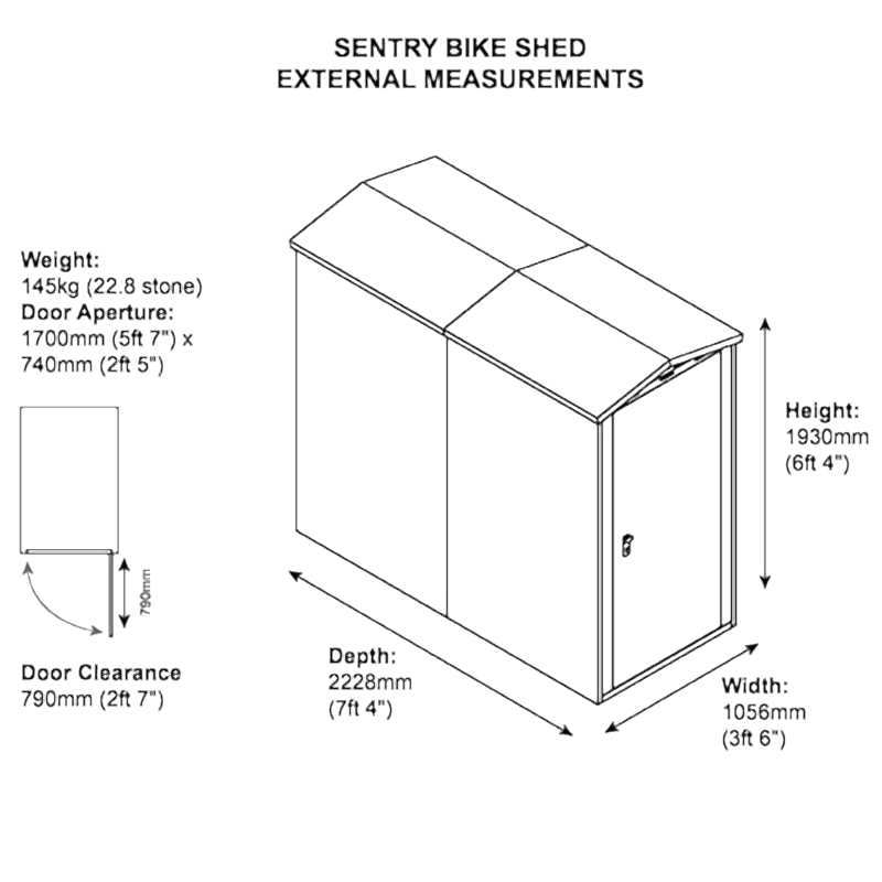 3'6 x 7'4 Asgard Sentry Metal 2 Bike Shed (1.06m x 2.23m) Technical Drawing