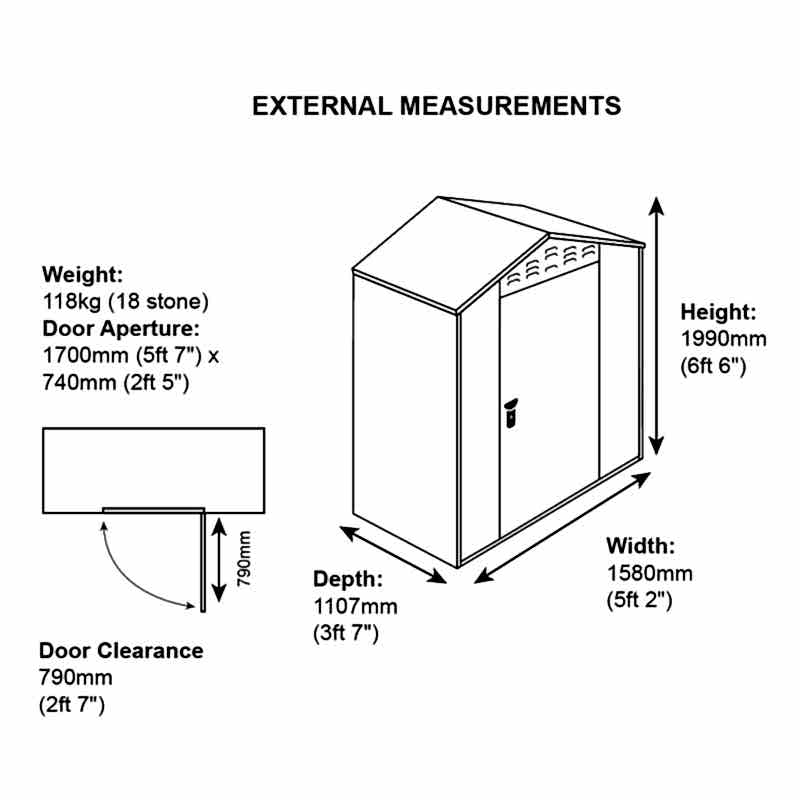 5'2 x 3'7 Asgard Flexistore 1511 Metal Shed (1.58m x 1.1m) Technical Drawing