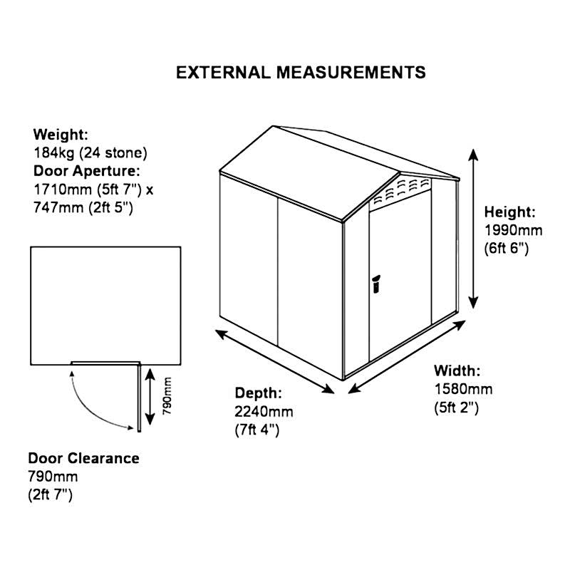 5'2 x 7'4 Asgard Flexistore 1522 Metal Shed (1.58m x 2.24m) Technical Drawing