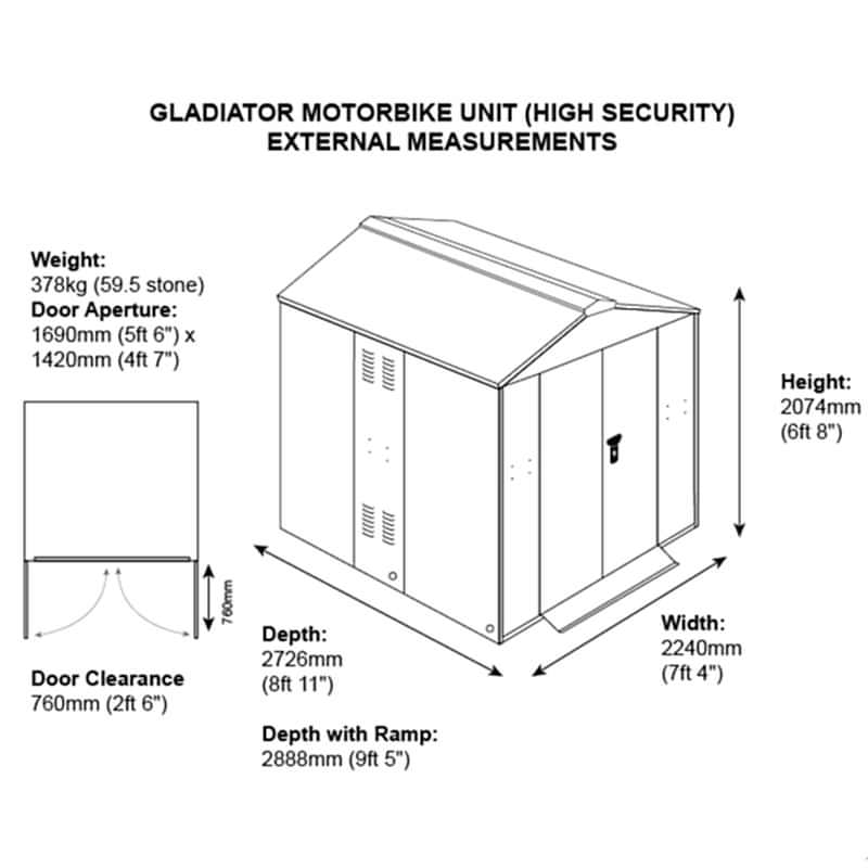 7'4 x 8'11 Asgard Gladiator Motorbike Garage (2.24m x 2.72m) Technical Drawing