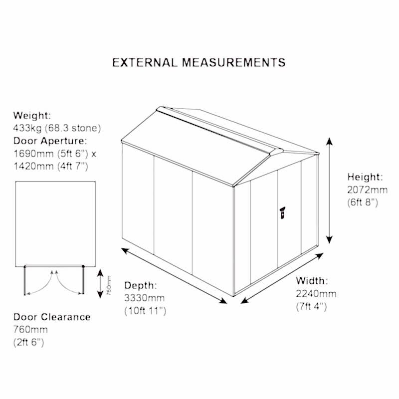 10'11 x 7'4 Asgard Gladiator Motorbike Garage Plus (3.3m x 2.2m) Technical Drawing