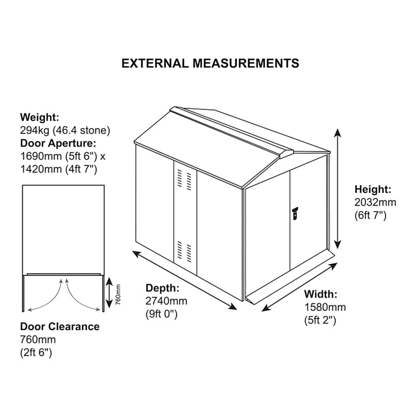 5'2 x 9' Asgard Secure Motorbike Garage (1.58m x 2.74m) Technical Drawing