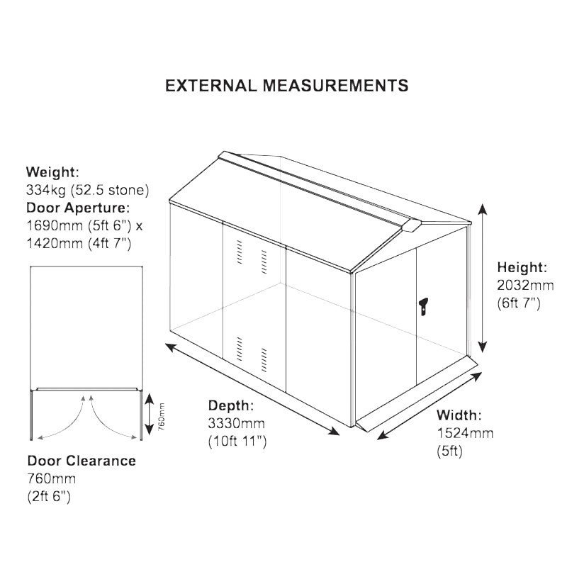 5'2 x 10'11 Asgard Secure Motorbike Garage Plus (1.52m x 3.33m) Technical Drawing