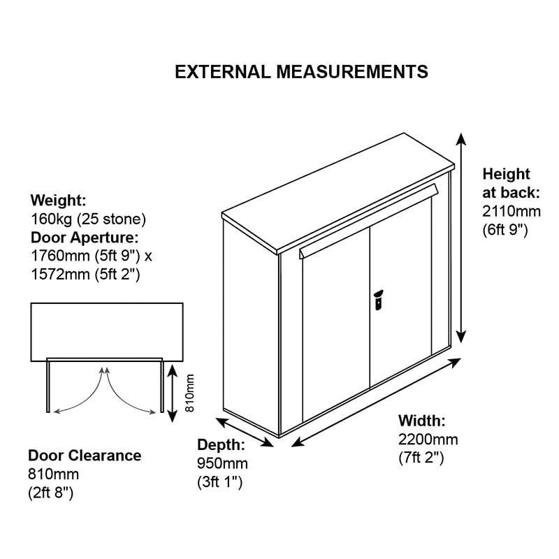 7'2 x 3' Asgard Trojan Plus Metal Shed & Bike Shed Combo (2.2m x 0.95m) Technical Drawing