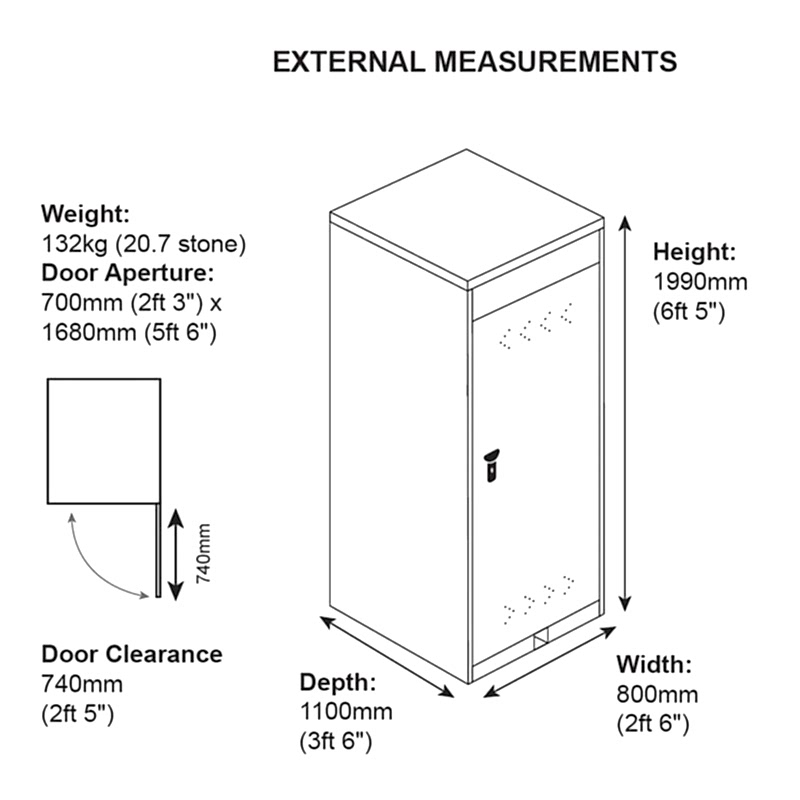 2'6 x 3'6 Asgard Premium Vertical Bike Storage Locker (0.8m x 1.1m) Technical Drawing