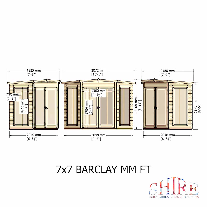 7' x 7' Shire Barclay Corner Wooden Summerhouse Technical Drawing