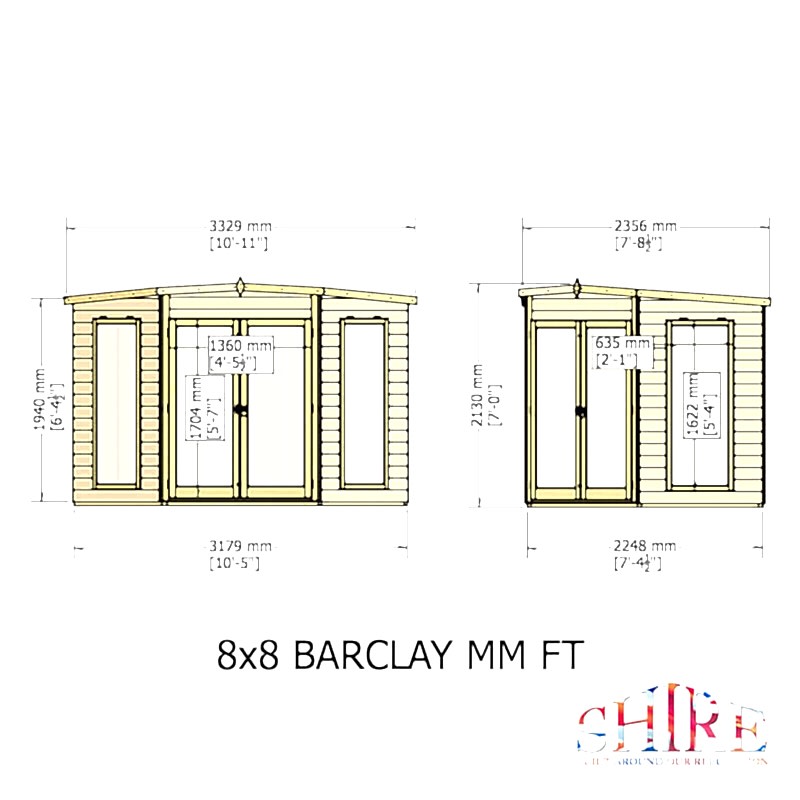 8' x 8' Shire Barclay Corner Wooden Summerhouse Technical Drawing