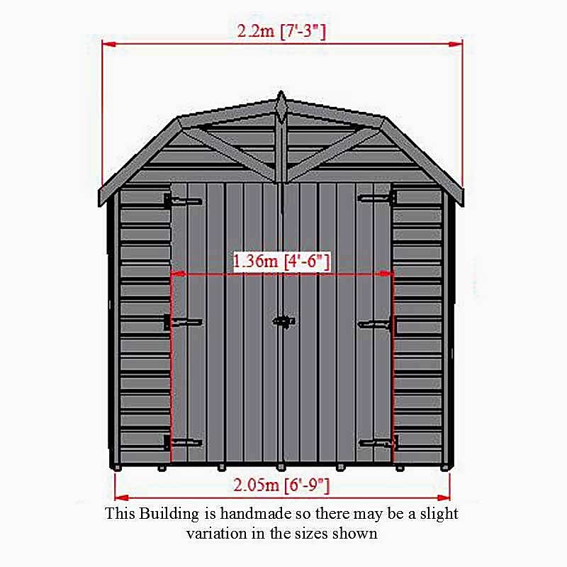 6'9 x 6'6 Shire Barn Double Door Wooden Garden Shed (2.16m x 2.52m) Technical Drawing
