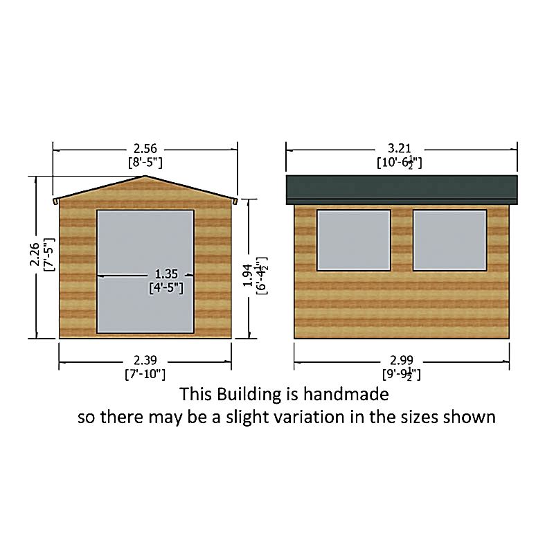 10' x 8' Shire Bison Heavy Duty Double Door Wooden Workshop (3.21m x 2.56m) Technical Drawing