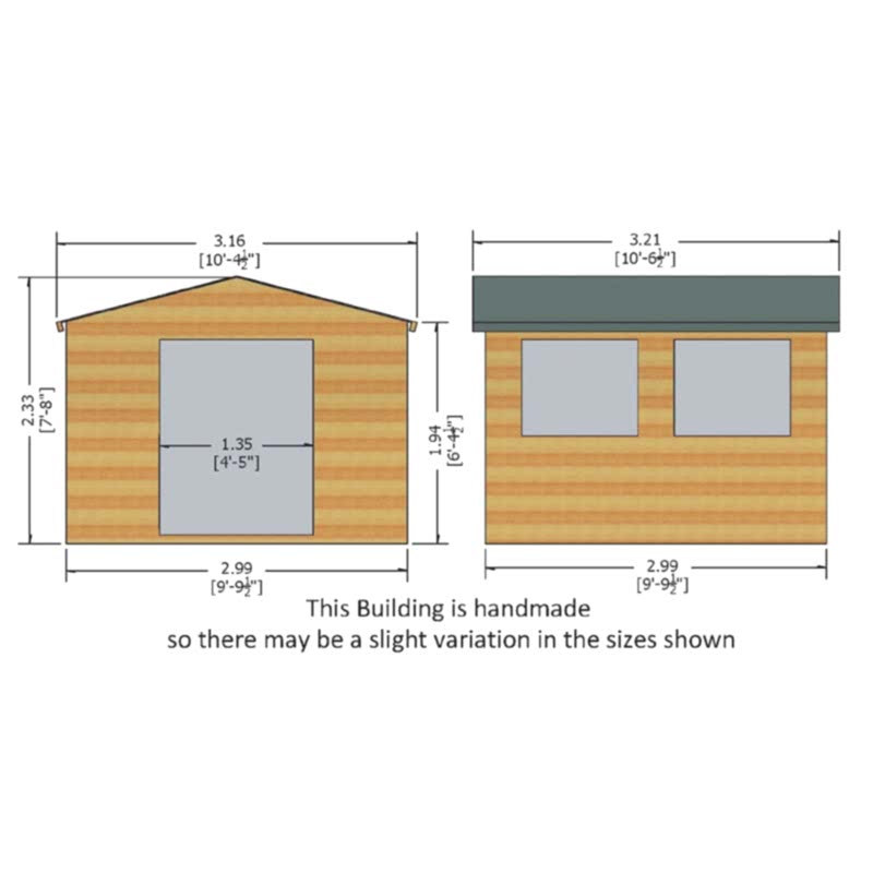 10' x 10' Shire Bison Heavy Duty Double Door Wooden Workshop (3.16m x 3.21m) Technical Drawing