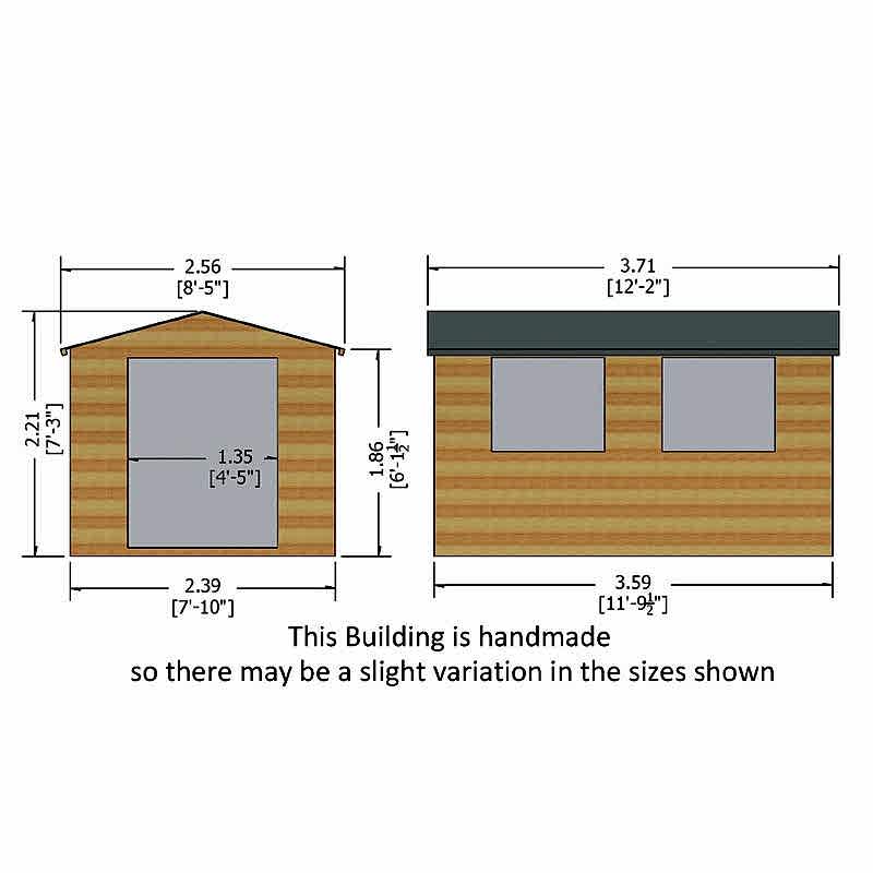 12' x 8' Shire Bison Heavy Duty Double Door Wooden Workshop (3.71m x 2.56m) Technical Drawing