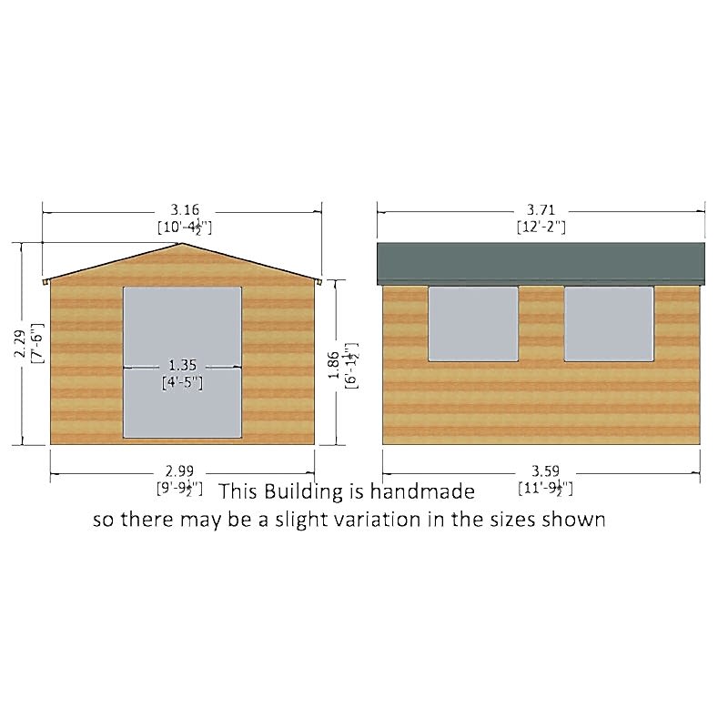 12' x 10' Shire Bison Heavy Duty Double Door Wooden Workshop (3.59m x 3.16m) Technical Drawing