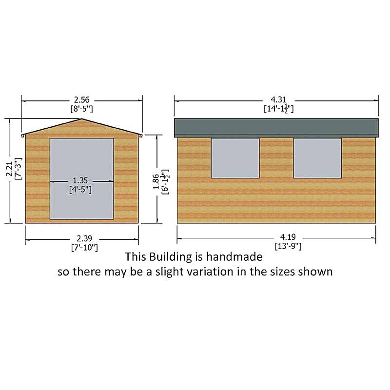 14' x 8' Shire Bison Heavy Duty Double Door Wooden Workshop (4.31m x 2.56m) Technical Drawing