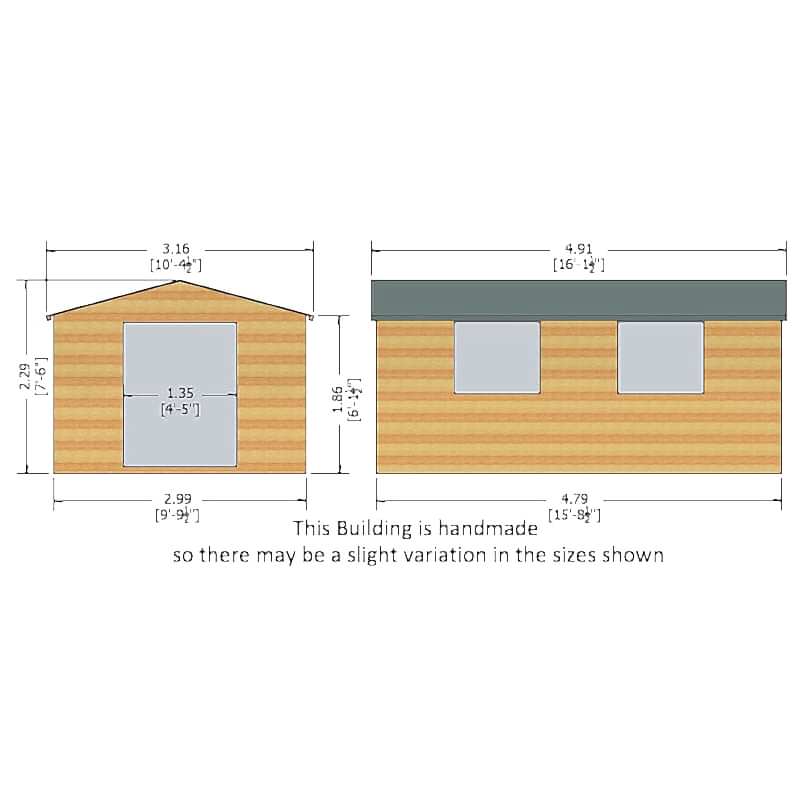 16' x 10' Shire Bison Heavy Duty Double Door Wooden Workshop (4.91m x 3.16m) Technical Drawing