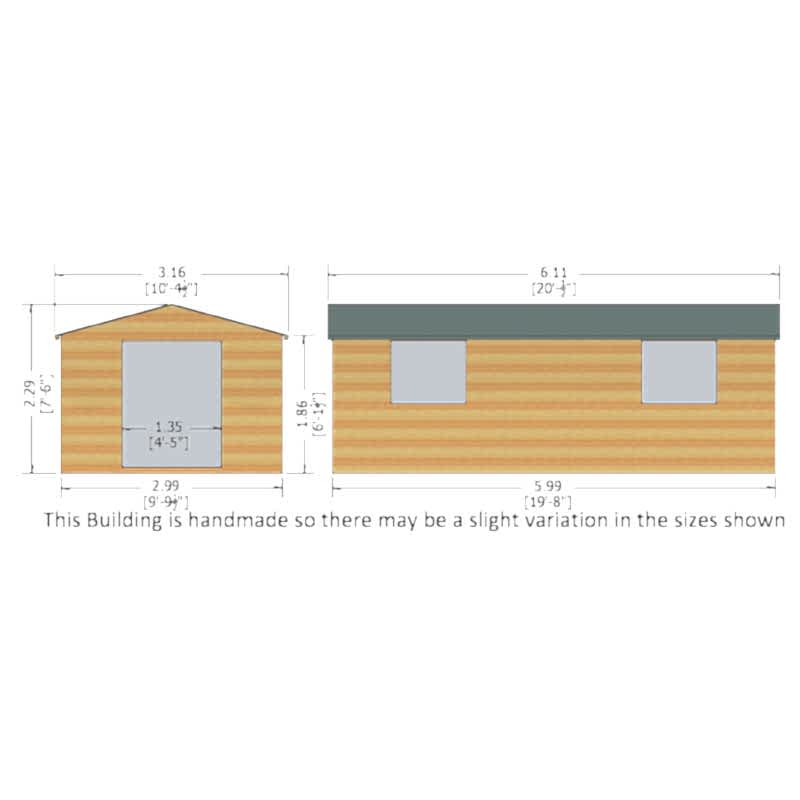 20' x 10' Shire Bison Heavy Duty Double Door Wooden Workshop (6.11m x 3.16m) Technical Drawing