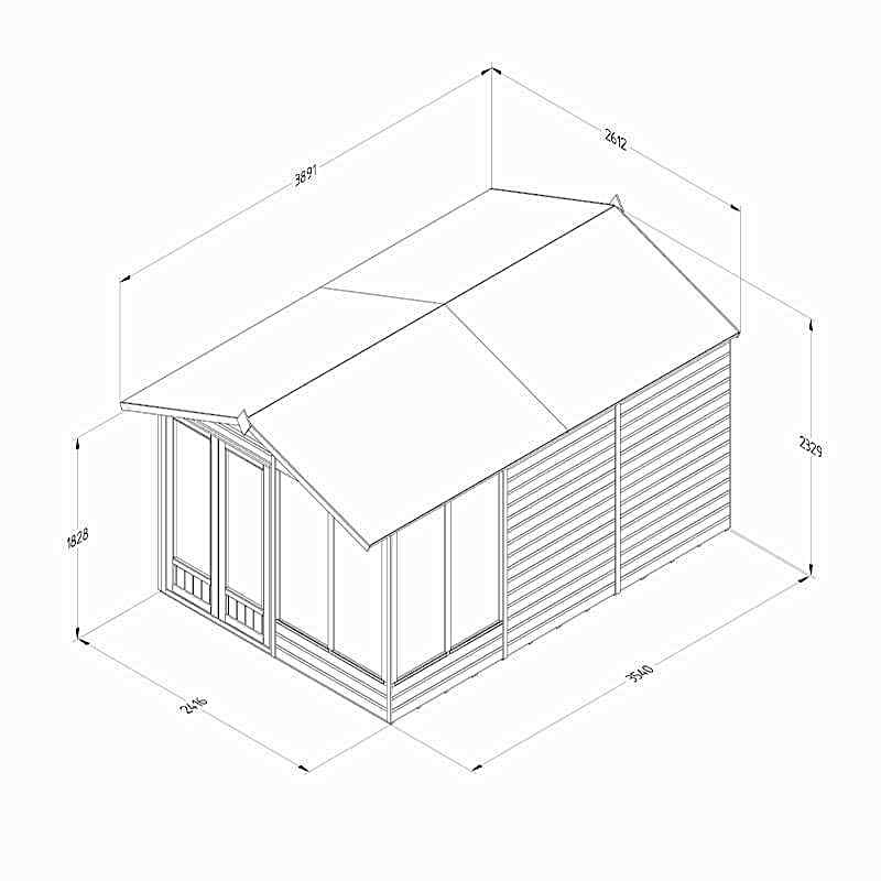 12' x 8' Forest Beckwood 25yr Guarantee Double Door Apex Summer House (3.6m x 2.61m) Technical Drawing
