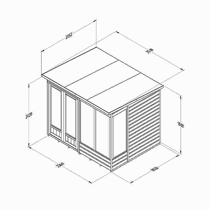 8' x 6' Forest Beckwood 25yr Guarantee Double Door Pent Summer House (2.52m x 2.05m) Technical Drawing