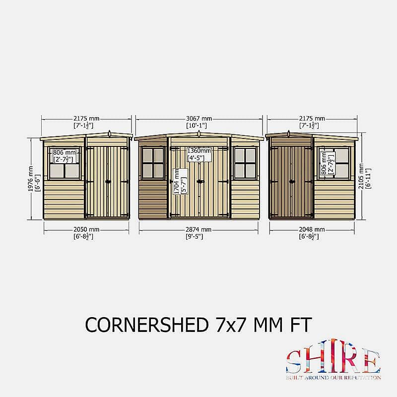 7' x 7' Shire Shiplap Wooden Corner Garden Shed (2.16m x 2.16m) Technical Drawing