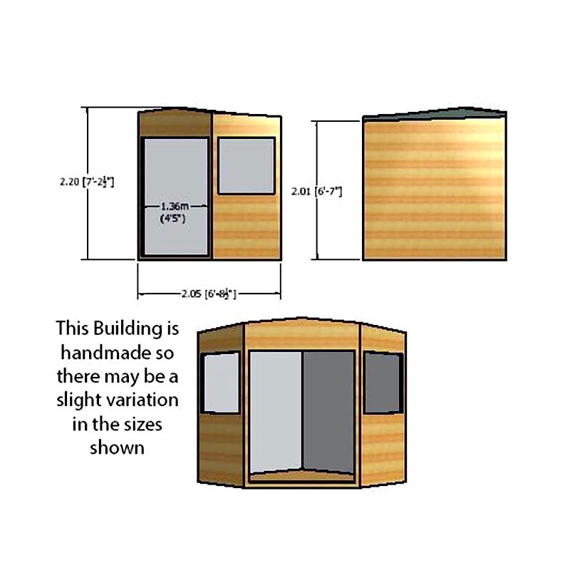 7' x 7' Shire Premium Pressure Treated Wooden Corner Garden Shed (2.07m x 2.16m) Technical Drawing