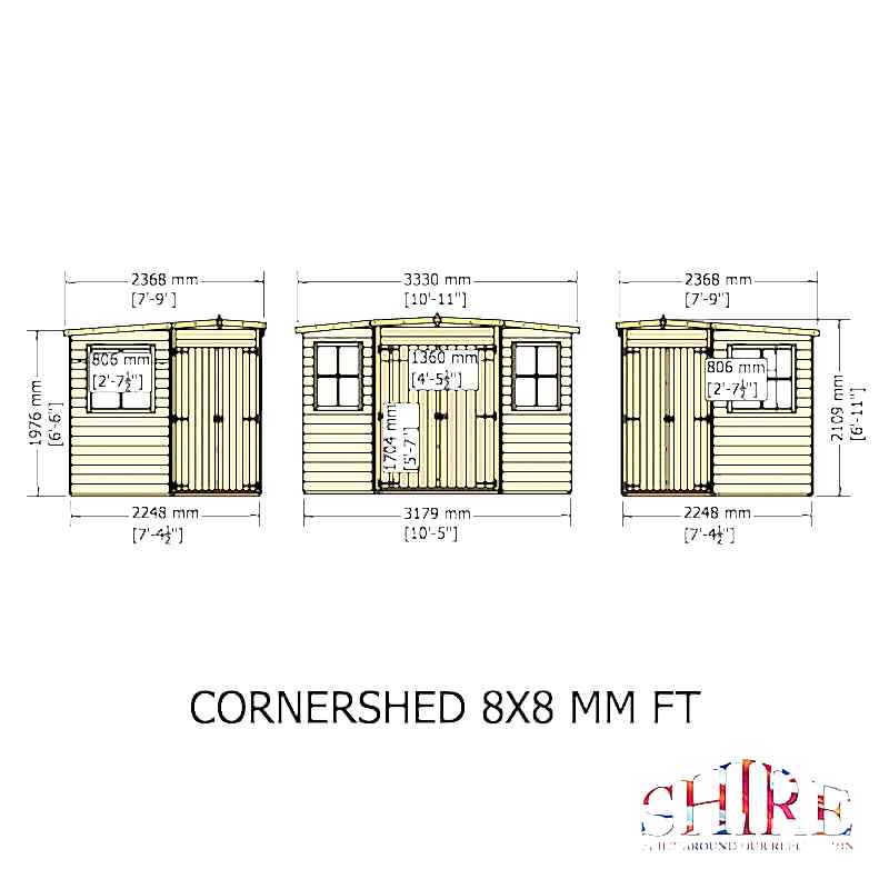 7'5 x 7'5 Shire Shiplap Wooden Corner Garden Shed (2.33m x 2.33m) Technical Drawing