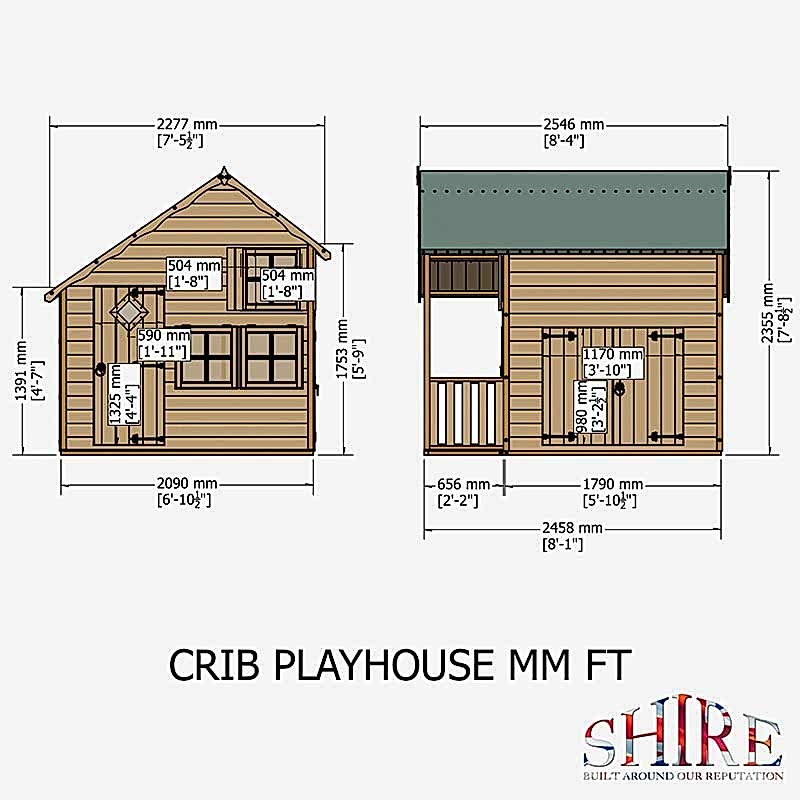 7' x 8' Shire Crib Kids Wooden Playhouse (2.09m x 2.46m) Technical Drawing