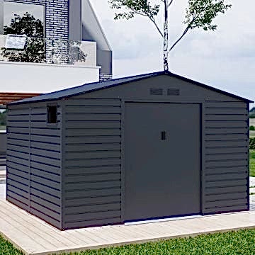 11' x 11' Lotus Hypnos Apex Metal Shed - Grey (3.41m x 3.22m) 11' x 11' Lotus Hypnos Apex Metal Shed - Grey (3.41m x 3.22m)
