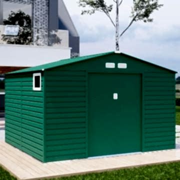 11' x 11' Lotus Hypnos Apex Metal Shed - Green (3.41m x 3.22m) 11' x 11' Lotus Hypnos Apex Metal Shed - Green (3.41m x 3.22m)